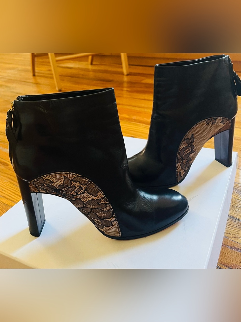 Nina Ricci Black Leather Ankle Boots with Lace Insets